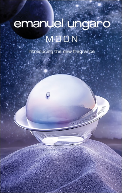 Parfum Emanuel Ungaro Moon – sticlă futuristă cu design inspirat de lună pe fundal cosmic.
